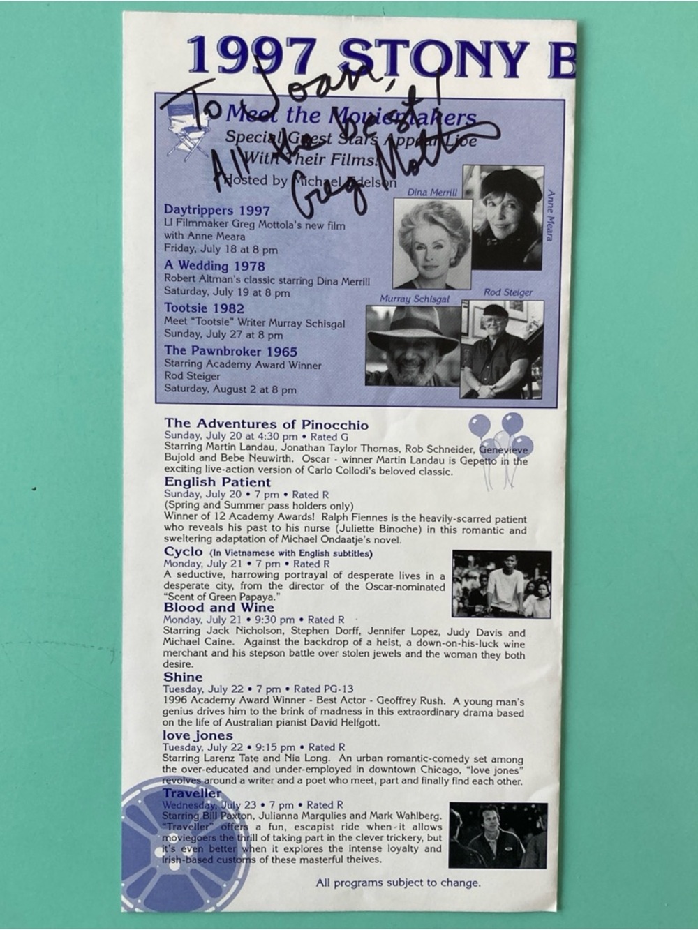 Greg Mottola Signed / Inscribed Flyer Stony Brook Film Festival 1997 Daytrippers